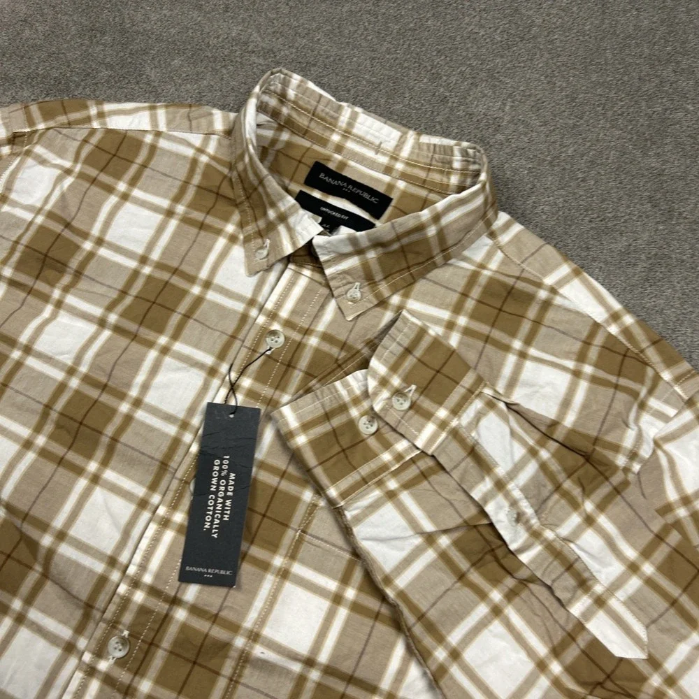 NEW Banana Republic Shirt Mens XL Untucked Fit Brown Plaid Lightweight Organic